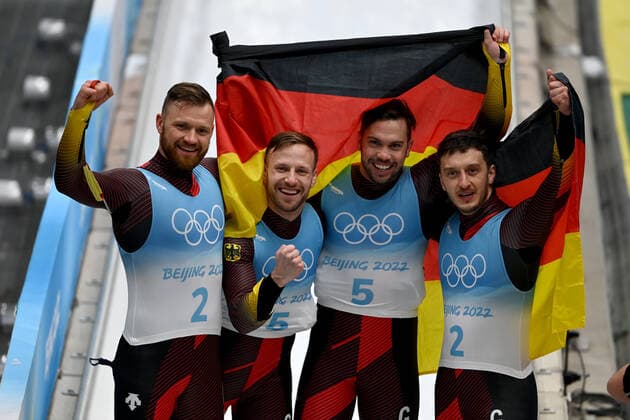 BEIJING, CHINA - FEBRUARY 09: Gold medalists Tobias Wendl and Tobias Arlt of Team Germany, silver medalists Toni Eggert and Sascha Benecken of Team Germany celebrate after the Luge Doubles Run 2 on day five of the Beijing 2022 Winter Olympic Games, Olympische Spiele, Olympia, OS at Yanqing National Sliding Centre on February 9, 2022 in Beijing, China.  Copyright: xVCGx CFP111368493740 