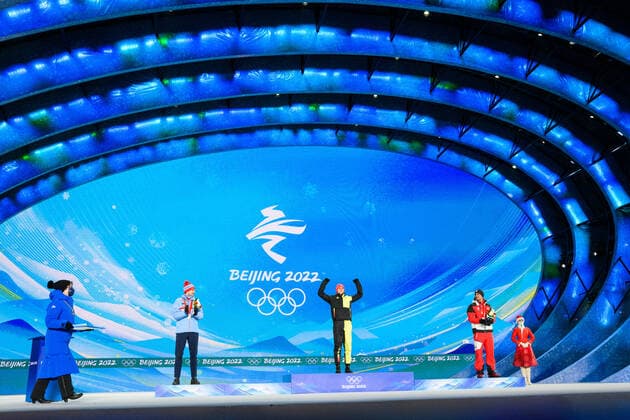 220210 Jorgen Graabak of Norway, Vinzenz Geiger of Germany and Lukas Greiderer of Austria celebrates with medals at the medal ceremony for men?s nordic combined individual during day 6 of the 2022 Winter Olympics on February 10, 2022 in Zhangjiakou. Photo: Vegard Grott BILDBYRAN kod VG VG0235 skidor nordic combined nordisk komination Olympic Games, Olympische Spiele, Olympia, OS olympics winter olympics os ol olympiska spel vinter-os olympiske leker peking peking 2022 beijing 2022 beijing 2022 olympic games beijing 2022 winter olympic games peking-os beijing-ol vinter-ol bbeng medaljeseremoni medaljceremoni medal ceremony norge norway celebration jubel silver Copyright: VEGARDxGRoTT BB220210VG059