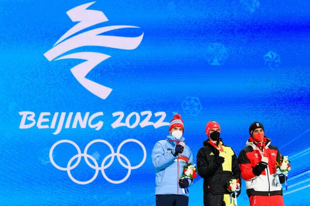 220210 Jorgen Graabak of Norway, Vinzenz Geiger of Germany and Lukas Greiderer of Austria celebrates with medals at the medal ceremony for men?s nordic combined individual during day 6 of the 2022 Winter Olympics on February 10, 2022 in Zhangjiakou. Photo: Vegard Grott BILDBYRAN kod VG VG0235 skidor nordic combined nordisk komination Olympic Games, Olympische Spiele, Olympia, OS olympics winter olympics os ol olympiska spel vinter-os olympiske leker peking peking 2022 beijing 2022 beijing 2022 olympic games beijing 2022 winter olympic games peking-os beijing-ol vinter-ol bbeng medaljeseremoni medaljceremoni medal ceremony norge norway celebration jubel silver Copyright: VEGARDxGRoTT BB220210VG063