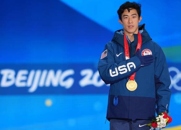 China Olympics 2022 Medal Ceremony 8110407 10.02.2022 Gold medalist Nathan Chen, of the United States, poses on the podium during the medal ceremony for the men s Figure skating, Eiskunstlauf single event at the Medals Plaza in Beijing, China. Alexander Vilf Sputnik Beijing China  Copyright: xAlexanderxVilfx