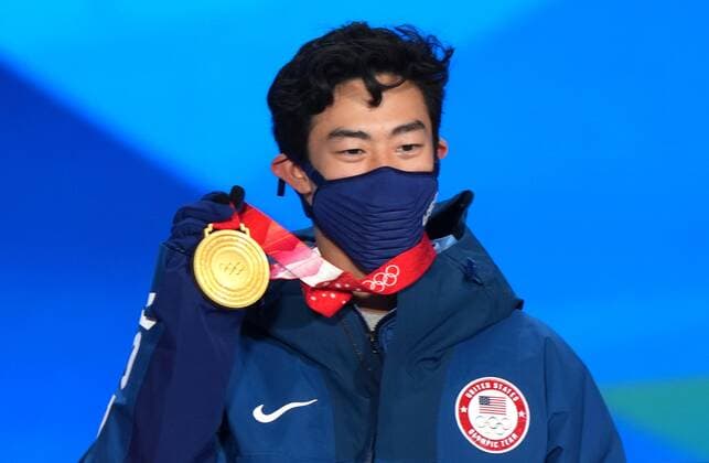 China Olympics 2022 Medal Ceremony 8110417 10.02.2022 Gold medalist Nathan Chen, of the United States, poses on the podium during the medal ceremony for the men s Figure skating, Eiskunstlauf single event at the Medals Plaza in Beijing, China. Alexander Vilf Sputnik Beijing China  Copyright: xAlexanderxVilfx