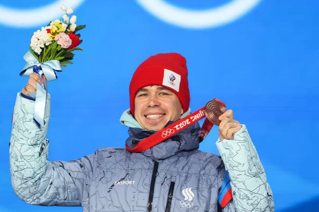 BEIJING, CHINA - FEBRUARY 10, 2022: Bronze medalist Semen Yelistratov of the Russian Olympic Committee at the men s 1,500m short track Speed skating, Eisschnelllauf victory ceremony at the Medal Plaza at the 2022 Winter Olympic Games, Olympische Spiele, Olympia, OS Valery Sharifulin TASS  TS1224E6