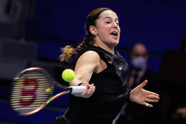 St. Petersburg Ladies Trophy 2022 - Day Four Jelena Ostapenko of Latvia returns the ball to Andrea Petkovic of Germany during the women s singles Round of 16 match of the WTA, Tennis Damen 500 St. Petersburg Ladies Trophy 2022 International Tennis Tournament on February 10, 2022 at the Sibur Arena in Saint Petersburg, Russia. Saint Petersburg Russia  Copyright: xMikexKireevx originalFilename:kireev-stpeters220210_npFdM.jpg
