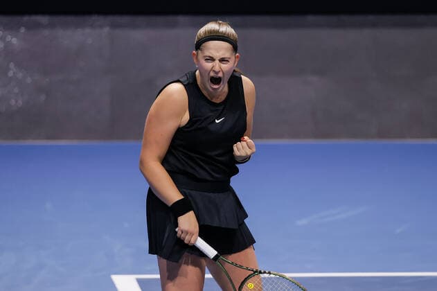 St. Petersburg Ladies Trophy 2022 - Day Four Jelena Ostapenko of Latvia celebrates victory over Andrea Petkovic of Germany during the women s singles Round of 16 match of the WTA, Tennis Damen 500 St. Petersburg Ladies Trophy 2022 International Tennis Tournament on February 10, 2022 at the Sibur Arena in Saint Petersburg, Russia. Saint Petersburg Russia  Copyright: xMikexKireevx originalFilename:kireev-stpeters220210_npzIG.jpg