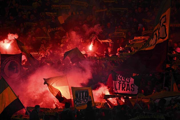 Supporters du FC Nantes Fumigenes FOOTBALL : FC Nantes vs SC Bastia - Coupe de France - 10 02 2022 JBAutissier Panoramic 