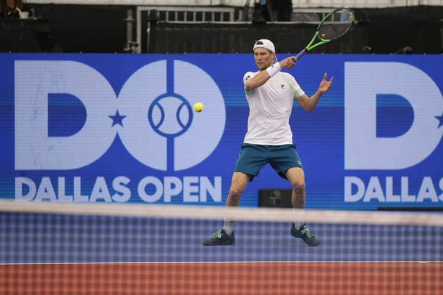 DALLAS, TX - FEBRUARY 10: Andreas Seppi (ITA) hits a forehand during the Dallas Open on February 10, 2022 at the Styslinger Altec Tennis Complex in Dallas, TX. (Photo by George Walker Icon Sportswire) TENNIS: FEB 10 Dallas Open Icon22021038
