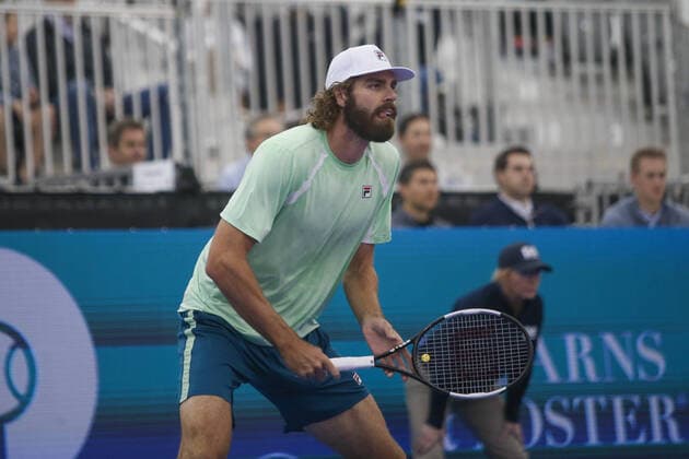 DALLAS, TX - FEBRUARY 10: Reilly Opelka (USA) prepares to return serve during the Dallas Open on February 10, 2022 at the Styslinger Altec Tennis Complex in Dallas, TX. (Photo by George Walker Icon Sportswire) TENNIS: FEB 10 Dallas Open Icon22021049