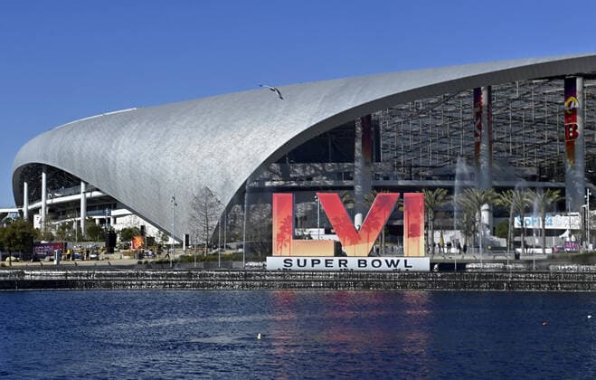 SoFi Stadium is seen in Inglewood California on Thursday, February 10, 2022. The LVI Super Bowl is scheduled to play on Sunday at the venue.  LAP2022021019 JIMxRUYMEN