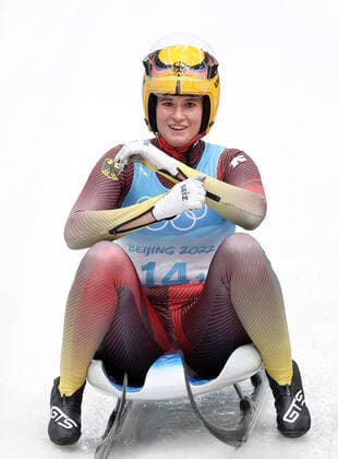 (220210) -- BEIJING, Feb. 10, 2022 -- Natalie Geisenberger of Germany reacts during the luge team relay competition?at the Yanqing?National Sliding Centre in Yanqing?district of Beijing, capital of China, Feb. 10, 2022. ) (BEIJING2022)CHINA-BEIJING-YANQING-OLYMPIC Winter games, Winterspiele,Spiele, Summer games LUGE-TEAM RELAY (CN) YaoxJianfeng 