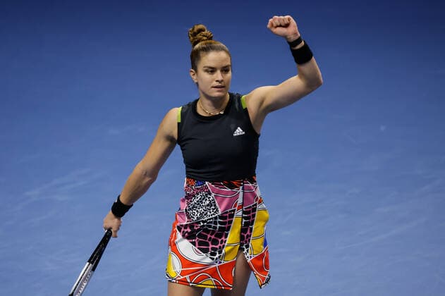St. Petersburg Ladies Trophy 2022 - Quarter-Finals Maria Sakkari of Greece celebrates victory over Elise Mertens of Belgium during the women s singles quarterfinal match of the WTA, Tennis Damen 500 St. Petersburg Ladies Trophy 2022 International Tennis Tournament on February 11, 2022 at the Sibur Arena in Saint Petersburg, Russia. Saint Petersburg Russia  Copyright: xMikexKireevx originalFilename:kireev-stpeters220211_npxIm.jpg