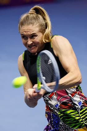St. Petersburg Ladies Trophy 2022 - Quarter-Finals Aliaksandra Sasnovich of Belarus returns the ball to Jelena Ostapenko of Latvia during the women s singles quarterfinal match of the WTA, Tennis Damen 500 St. Petersburg Ladies Trophy 2022 International Tennis Tournament on February 11, 2022 at the Sibur Arena in Saint Petersburg, Russia. Saint Petersburg Russia  Copyright: xMikexKireevx originalFilename:kireev-stpeters220211_npzGr.jpg