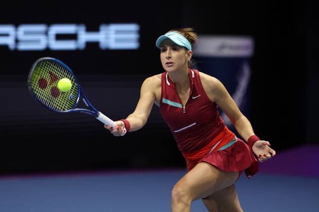 Saint Petersburg, Russia - 11 february 2022: Belinda Bencic of Switzerland play against Anett Kontaveit of Estonia during the St.Petersburg Ladies Trophy 2022 tennis tournament. MaksimxKonstantinov