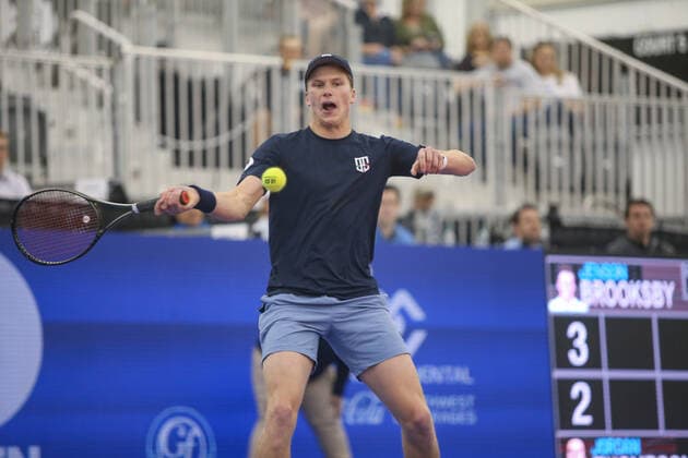 DALLAS, TX - FEBRUARY 11: Jenson Brooksby (USA) hits a forehand during the Dallas Open on February 11, 2022 at the Styslinger Altec Tennis Complex in Dallas, TX. (Photo by George Walker Icon Sportswire) TENNIS: FEB 11 Dallas Open Icon22021102