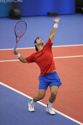 DALLAS, TX - FEBRUARY 11: Marcos Giron (USA) serves during the Dallas Open on February 11, 2022 at the Styslinger Altec Tennis Complex in Dallas, TX. (Photo by George Walker Icon Sportswire) TENNIS: FEB 11 Dallas Open Icon22021107