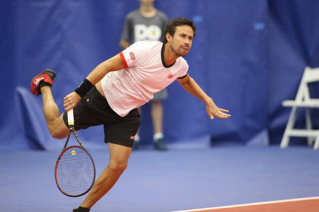DALLAS, TX - FEBRUARY 11: Miguel Angel Reyes-Varela (MEX) serves during the Dallas Open on February 11, 2022 at the Styslinger Altec Tennis Complex in Dallas, TX. (Photo by George Walker Icon Sportswire) TENNIS: FEB 11 Dallas Open Icon22021111