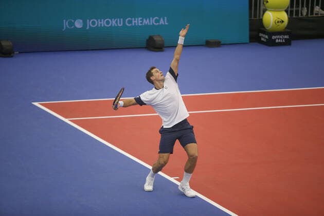 DALLAS, TX - FEBRUARY 11: Vasek Pospisil (CAN) serves during the Dallas Open on February 11, 2022 at the Styslinger Altec Tennis Complex in Dallas, TX. (Photo by George Walker Icon Sportswire) TENNIS: FEB 11 Dallas Open Icon22021124