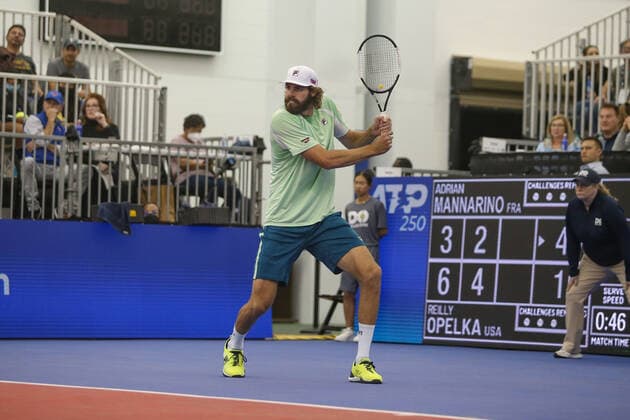 DALLAS, TX - FEBRUARY 11: Reilly Opelka (USA) hits a backhand during the Dallas Open on February 11, 2022 at the Styslinger Altec Tennis Complex in Dallas, TX. (Photo by George Walker Icon Sportswire) TENNIS: FEB 11 Dallas Open Icon22021129