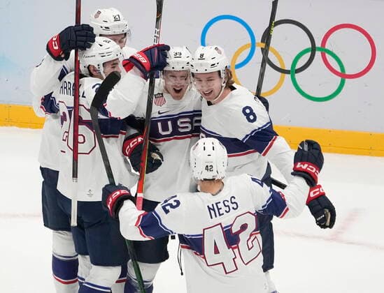 February 12, 2022, Beijing, ON, China: Team United States forward Ben Meyers (39) celebrates with teammates after scoring the second goal during first period menöÄÃ s Ice hockey, Eishockey preliminary action Saturday, February 12, 2022 at the 2022 Winter Olympics in Beijing. Ben Meyers,  - ZUMAc35_ 20220212_zaf_c35_037 Copyright: xRyanxRemiorzx