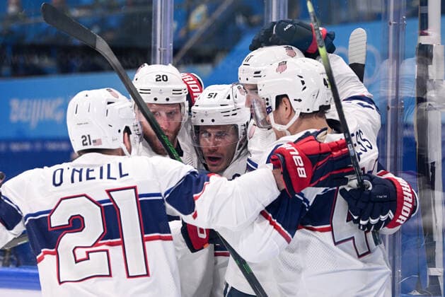 China Olympics 2022 Ice hockey, Eishockey Men Canada - US 8111957 12.02.2022 Players of the United States celebrate after scoring a goal in the men s ice hockey preliminary round group A match between Canada and the United States during the Beijing 2022 Winter Olympic Games, Olympische Spiele, Olympia, OS at National Indoor Stadium in Beijing, China. Alexey Filippov Sputnik Beijing China  Copyright: xAlexeyxFilippovx