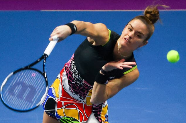ST PETERSBIRG, RUSSIA â€“ FEBRUARY 12, 2022: Tennis player Maria Sakkari of Greece in action in her 2022 WTA, Tennis Damen St Petersburg Ladies Trophy semi-final singles match against Irina-Camelia Begu of Romania, at the Sibur Arena.  TS122AC1