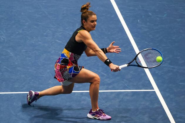 ST PETERSBIRG, RUSSIA â€“ FEBRUARY 12, 2022: Tennis player Maria Sakkari of Greece in action in her 2022 WTA, Tennis Damen St Petersburg Ladies Trophy semi-final singles match against Irina-Camelia Begu of Romania, at the Sibur Arena. Alexander Demianchuk TASS  TS122AFD