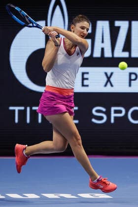 St. Petersburg Ladies Trophy 2022 - Semi-Finals Irina-Camelia Begu of Romania returns the ball to Maria Sakkari of Greece during the women s singles semifinal match of the WTA, Tennis Damen 500 St. Petersburg Ladies Trophy 2022 International Tennis Tournament on February 12, 2022 at the Sibur Arena in Saint Petersburg, Russia. Saint Petersburg Russia  Copyright: xMikexKireevx originalFilename:kireev-stpeters220212_np8QF.jpg