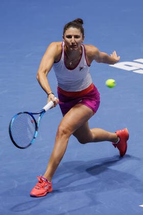 St. Petersburg Ladies Trophy 2022 - Semi-Finals Irina-Camelia Begu of Romania returns the ball to Maria Sakkari of Greece during the women s singles semifinal match of the WTA, Tennis Damen 500 St. Petersburg Ladies Trophy 2022 International Tennis Tournament on February 12, 2022 at the Sibur Arena in Saint Petersburg, Russia. Saint Petersburg Russia  Copyright: xMikexKireevx originalFilename:kireev-stpeters220212_np0na.jpg