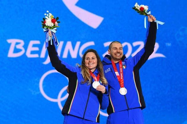 Photo Gian Mattia D Alberto - LaPresse February 12, 2022 Zhangjiakou, China Beijing 2022 Winter Olympic Games, Olympische Spiele, Olympia, OS - Snowboard cross mixed team medal ceremony In the pic: Michela Moioli, Omar Visintin, silver medal  Copyright: xGianxMattiaxD Alberto LaPressex