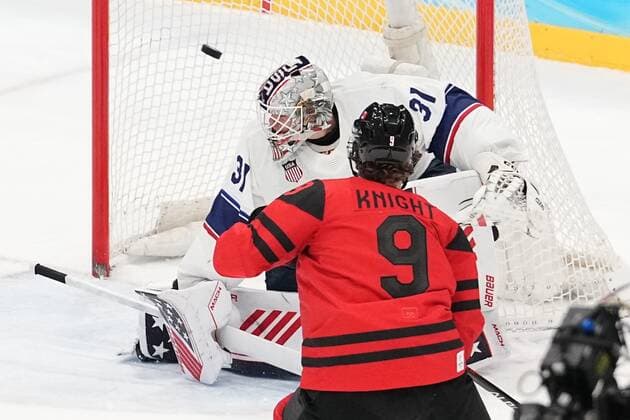 BEIJING, CHINA - FEBRUARY 12: Corban Knight 9 of Team Canada and goalkeeper Strauss Mann 31 of Team United States compete during the second period of the Men s Ice hockey, Eishockey Preliminary Round Group A match between Team Canada and Team United States on Day 8 of the Beijing 2022 Winter Olympic Games, Olympische Spiele, Olympia, OS at National Indoor Stadium on February 12, 2022 in Beijing, China.  Copyright: xVCGx CFP111368896791 