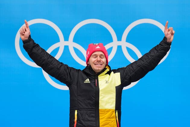 BEIJING, CHINA - FEBRUARY 11: Gold medallist Christopher Grotheer of Team Germany poses during the Men s Skeleton medal ceremony on day seven of Beijing 2022 Winter Olympic Games, Olympische Spiele, Olympia, OS at National Sliding Centre on February 11, 2022 in Beijing, China.  Copyright: xVCGx CFP111368810967 