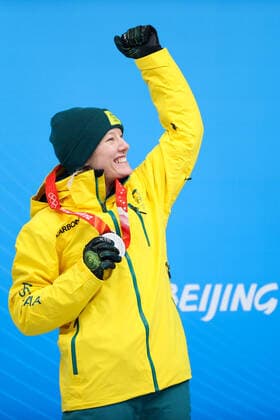 BEIJING, CHINA - FEBRUARY 12, 2022: Silver medalist, Jaclyn Narracott of Australia gestures during an award ceremony for the women s skeleton event at the 2022 Winter Olympic Games, Olympische Spiele, Olympia, OS at the Yanqing National Sliding Centre. Anton Novoderezhkin TASS  TS122C27