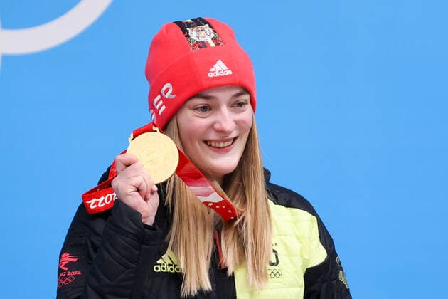 BEIJING, CHINA - FEBRUARY 12, 2022: Gold medalist, Hannah Neise of Germany poses for a photograph during an award ceremony for the women s skeleton event at the 2022 Winter Olympic Games, Olympische Spiele, Olympia, OS at the Yanqing National Sliding Centre. Anton Novoderezhkin TASS  TS122C28