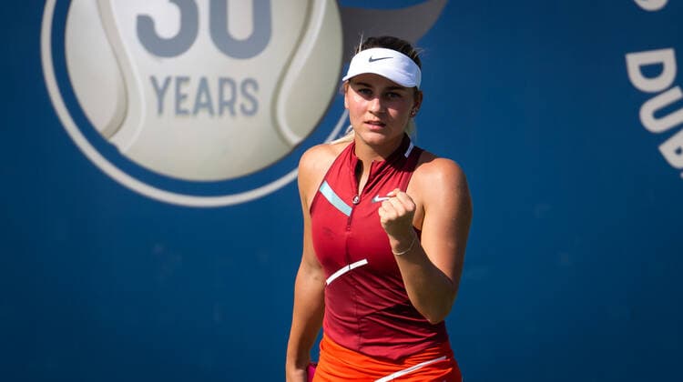 February 12, 2022, DUBAI, UNITED ARAB EMIRATES: Marta Kostyuk of Ukraine in action during the first qualifications round at the 2022 Dubai Duty Free Tennis Championships WTA, Tennis Damen 1000 tennis tournament DUBAI UNITED ARAB EMIRATES - ZUMAa181 20220212_zaa_a181_100 Copyright: xRobxPrangex