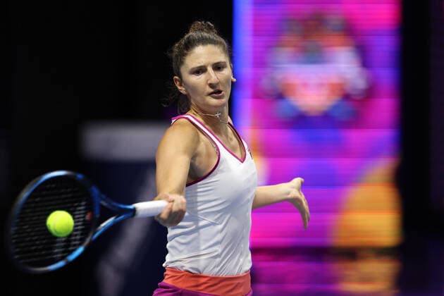 February 12, 2022, Saint Petersburg, Russia: Irina-Camelia Begu of Romania plays against Maria Sakkari of Greece during the St. Petersburg Ladies Trophy 2022 tennis tournament..Final score: Saint Petersburg Russia - ZUMAs197 20220212_zaa_s197_028 Copyright: xMaksimxKonstantinovx