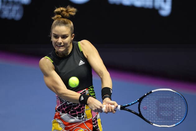 February 12, 2022, Saint Petersburg, Russia: Maria Sakkari of Greece plays against Irina-Camelia Begu of Romania during the St. Petersburg Ladies Trophy 2022 tennis tournament..Final score: Saint Petersburg Russia - ZUMAs197 20220212_zaa_s197_031 Copyright: xMaksimxKonstantinovx