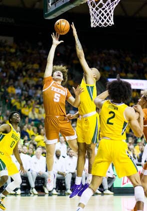 February 12 2022: Baylor Bears forward Jeremy Sochan (1) blocks a shot from Texas Longhorns guard Devin Askew (5) during the 1st half of the NCAA, College League, USA Basketball game between the Texas Longhorns and Baylor Bears at Ferrell Center in Waco, Texas. CSM Waco US - ZUMAc04_ 20220212_zaf_c04_110 Copyright: xMatthewxLynchx