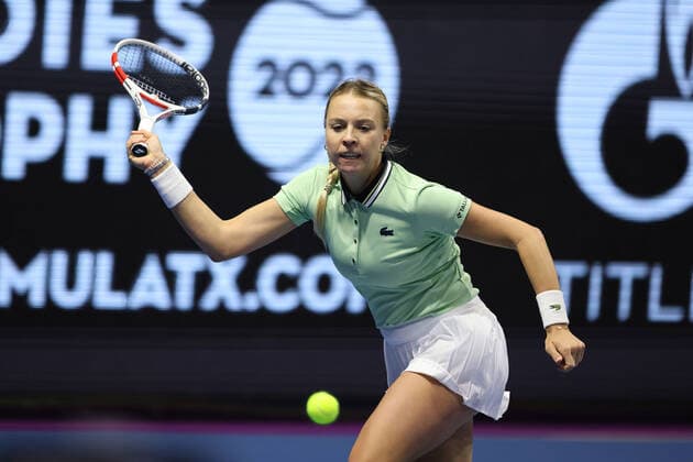 February 12, 2022, Saint Petersburg, Russia: Anett Kontaveit of Estonia plays against Jelena Ostapenko of Latvia during the St. Petersburg Ladies Trophy 2022 tennis tournament..Final score: Saint Petersburg Russia - ZUMAs197 20220212_zaa_s197_129 Copyright: xMaksimxKonstantinovx