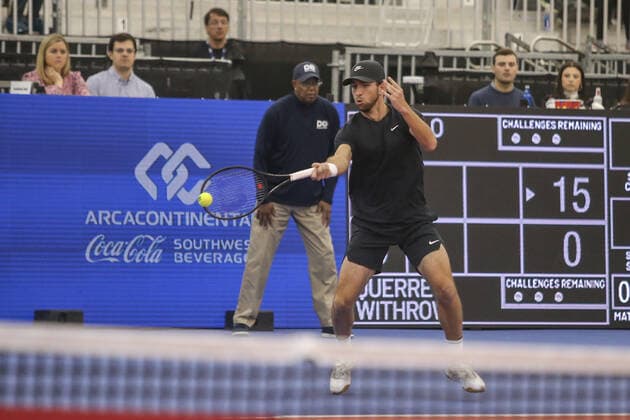 DALLAS, TX - FEBRUARY 12: Jackson Withrow (USA) hits a forehand during the Dallas Open on February 12, 2022 at the Styslinger Altec Tennis Complex in Dallas, TX. (Photo by George Walker Icon Sportswire) TENNIS: FEB 12 Dallas Open Icon22021201