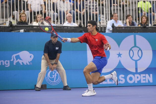 DALLAS, TX - FEBRUARY 12: Marcos Giron (USA) hits a forehand during the Dallas Open on February 12, 2022 at the Styslinger Altec Tennis Complex in Dallas, TX. (Photo by George Walker Icon Sportswire) TENNIS: FEB 12 Dallas Open Icon22021222