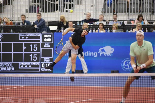 DALLAS, TX - FEBRUARY 12: Jack Sock (USA) serves during the Dallas Open on February 12, 2022 at the Styslinger Altec Tennis Complex in Dallas, TX. (Photo by George Walker Icon Sportswire) TENNIS: FEB 12 Dallas Open Icon22021229