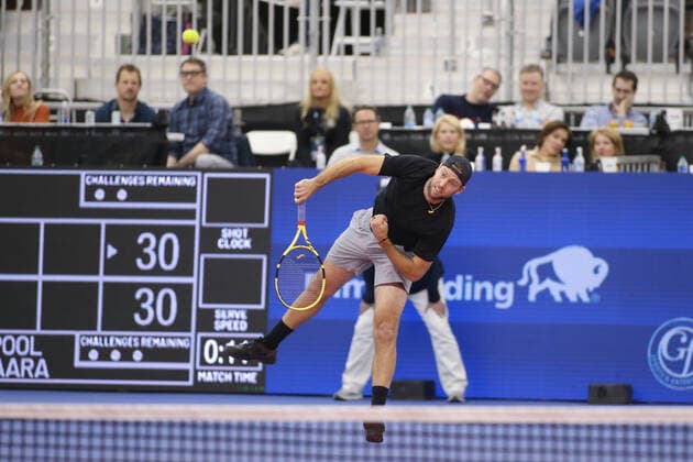 DALLAS, TX - FEBRUARY 12: Jack Sock (USA) serves during the Dallas Open on February 12, 2022 at the Styslinger Altec Tennis Complex in Dallas, TX. (Photo by George Walker Icon Sportswire) TENNIS: FEB 12 Dallas Open Icon22021231