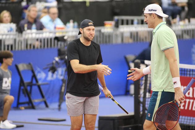 DALLAS, TX - FEBRUARY 12: Jack Sock (USA) and doubles partner John Isner (USA) react to a point during the Dallas Open on February 12, 2022 at the Styslinger Altec Tennis Complex in Dallas, TX. (Photo by George Walker Icon Sportswire) TENNIS: FEB 12 Dallas Open Icon22021233
