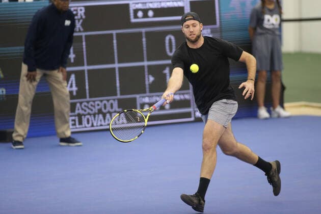 DALLAS, TX - FEBRUARY 12: Jack Sock (USA) hits a forehand during the Dallas Open on February 12, 2022 at the Styslinger Altec Tennis Complex in Dallas, TX. (Photo by George Walker Icon Sportswire) TENNIS: FEB 12 Dallas Open Icon22021239
