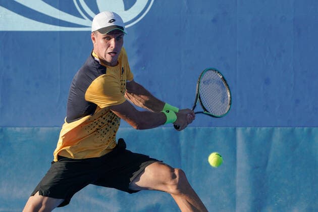DELRAY BEACH, FL - FEBRUARY 12: Dmitry Popko (KAZ) competes during the qualifying round of the ATP, Tennis Herren Delray Beach Open on February 12, 2022, at the Delray Beach Stadium & Tennis Center in Delray Beach, Florida.(Photo by Aaron Gilbert Icon Sportswire) TENNIS: FEB 12 Delray Beach Open Icon220212204