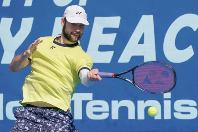 DELRAY BEACH, FL - FEBRUARY 12: Jurij Rodionov (AUT) competes during the qualifying round of the ATP, Tennis Herren Delray Beach Open on February 12, 2022, at the Delray Beach Stadium & Tennis Center in Delray Beach, Florida.(Photo by Aaron Gilbert Icon Sportswire) TENNIS: FEB 12 Delray Beach Open Icon220212015