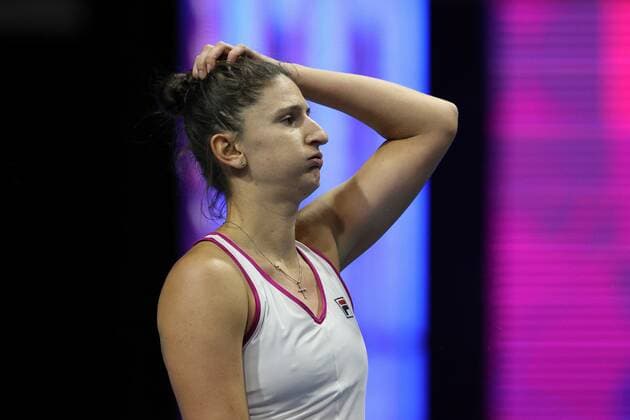 Saint Petersburg, Russia - 12 february 2022: Maria Sakkari of Greece play against Irina-Camelia Begu of Romania during the St.Petersburg Ladies Trophy 2022 tennis tournament. Irina-Camellia Run AlexanderxKulebyakin