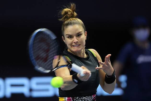 Saint Petersburg, Russia - 12 february 2022: Maria Sakkari of Greece play against Irina-Camelia Begu of Romania during the St.Petersburg Ladies Trophy 2022 tennis tournament. Maria Sakkari AlexanderxKulebyakin