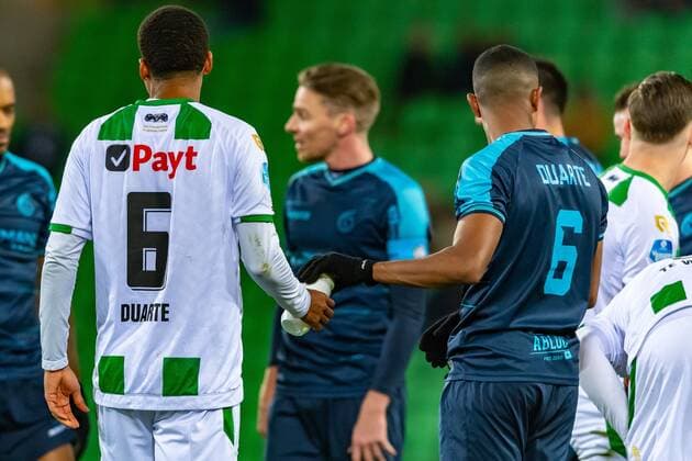 GRONINGEN, Stadium Euroborg, 12-02-2022 , season 2021 2022 , Dutch Eredivisie. FC Groningen player Laros Duarte Fortuna Sittard player Deroy Duarte Final score 0-1 during the match Groningen - Fortuna Groningen - Fortuna  x15366249x Copyright: