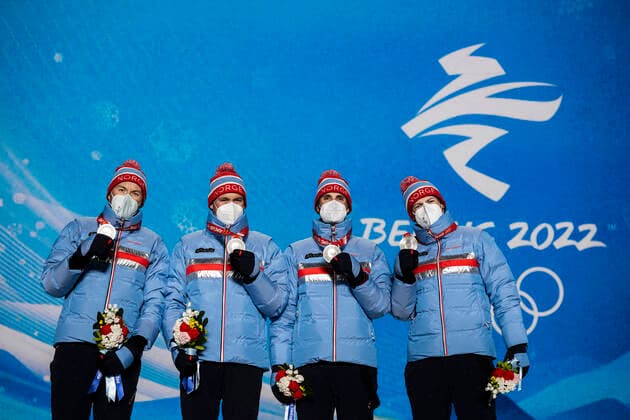 220213 Emil Iversen, Pal Golberg, Hans Christer Holund and Johannes Hosflot Klaebo of Norway with their silver medals at the medal ceremony for men s cross-country skiing 4 x 10 km relay during day 9 of the 2022 Winter Olympics on February 13, 2022 in Zhangjiakou. Photo: Jon Olav Nesvold BILDBYRAN COP 217 JE0041 Olympic Games, Olympische Spiele, Olympia, OS olympics winter olympics os ol olympiska spel vinter-os olympiske leker peking peking 2022 beijing 2022 beijing 2022 olympic games beijing 2022 winter olympic games peking-os beijing-ol vinter-ol 9 bbeng norge Copyright: JONxOLAVxNESVOLD BB220213JE111
