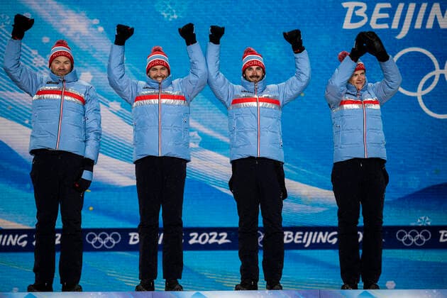 220213 Emil Iversen, Pal Golberg, Hans Christer Holund and Johannes Hosflot Klaebo of Norway celebrate at the medal ceremony for men s cross-country skiing 4 x 10 km relay during day 9 of the 2022 Winter Olympics on February 13, 2022 in Zhangjiakou. Photo: Jon Olav Nesvold BILDBYRAN COP 217 JE0041 Olympic Games, Olympische Spiele, Olympia, OS olympics winter olympics os ol olympiska spel vinter-os olympiske leker peking peking 2022 beijing 2022 beijing 2022 olympic games beijing 2022 winter olympic games peking-os beijing-ol vinter-ol 9 bbeng norge jubel Copyright: JONxOLAVxNESVOLD BB220213JE113